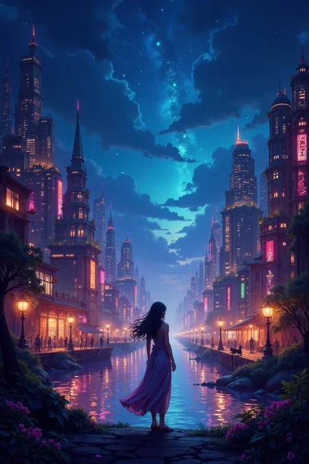 fantasy city beautiful  landscape, bright luminous night, woman, very intricate, very detailed, sharp, bright, colorful, <lora:Hand v2:0.5> <lora:Anti-Blur:1><lora:Insane Detail Slider:0.25>  <lora:flux.1_lora_flyway_Epic-detail_v2:0.3> <lora:fluxenhancer:0.25> <lora:ck-Neon-Retrowave:0.4> ck-rw, in the style of ck-rw,  <lora:Neurocore Anime Cyberpunk:0.8> A digital artwork in the style of cknc