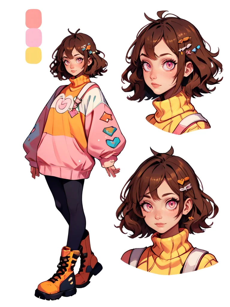 score_9, score_8_up, score_7_up, score_6_up, (CharacterSheet:1), brown hair, cute face, yellow pink eyes, big sweater, boots, hair ornament, simple white background, dynamic pose, sexy, reference sheet, (full body, from side, front:1.1), upper body, cartoon,
CharacterDesignXL <lora:XLPCharacterDesign_Concept-10V2:0.8>