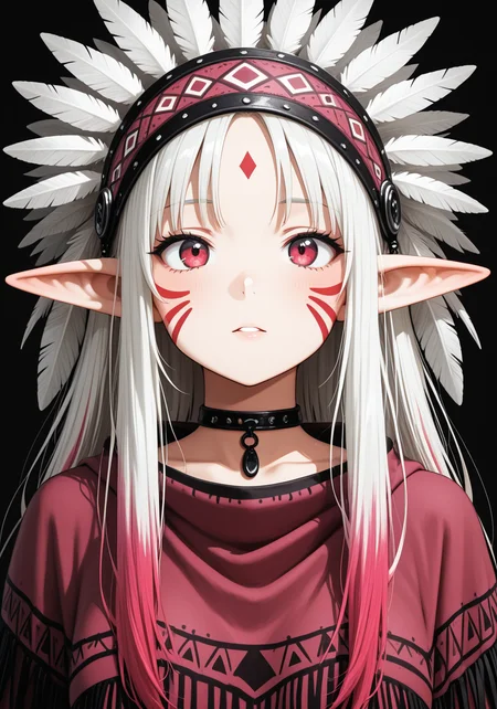 masterpiece, best quality, upper body portrait, (monochrome:0.65) Ink punk style ink illustration of a girl with elf ears and short light-colored hair, anime, tribal poncho, splash of maroon color, feather_headdress, thick outlines, anime