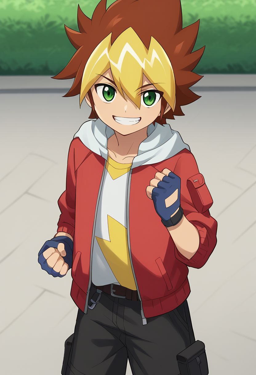 score_9, score_8_up, source_anime, highly detailed, skinny, cute,
yuga, 1boy, male focus, gloves, solo, smile, fingerless gloves, shorts, holding, green eyes, jacket, multicolored hair, hood, shirt, brown hair,
hair between eyes, print shirt, red jacket, hand raised, closed fist, grin,
outdoor, street, upper body,