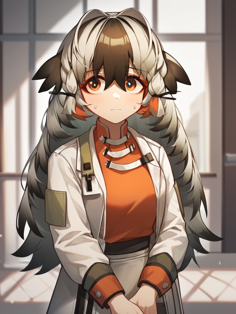 score_9,score_8_up,score_7_up,<lora:snowsant_(arknights):1>,snowsant (arknights),1girl,solo,sweatdrop,white jacket,orange shirt,