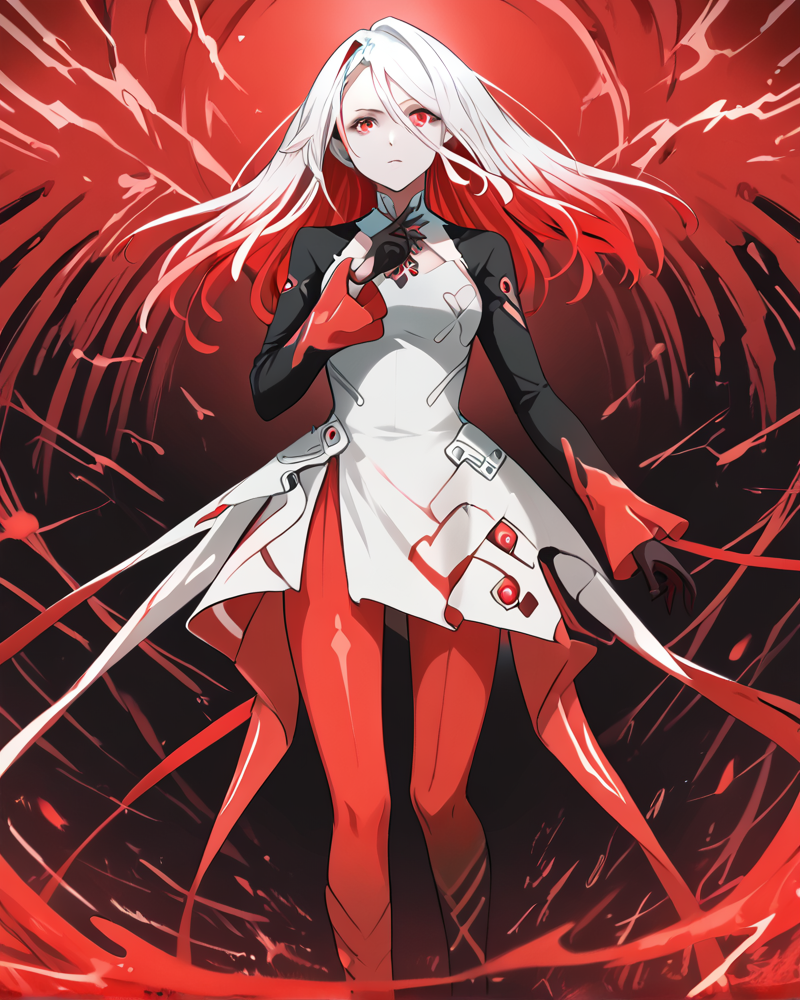 ayre, red eyes, multicolored hair, red hair, white hair, red theme, gloves, dress, long sleeves, red legs, <lora:Ayre_Armored_Core_6_FORPONY:1>