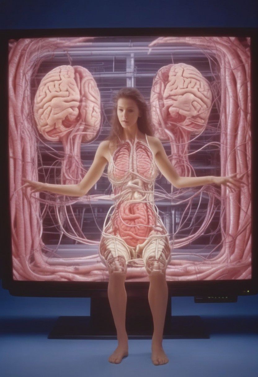 crt style tvs sets multiple human brains emerging from woman glowing massive amounts of intestines and cables woven together inside multiple modern television sets in technology warehouse
