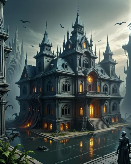 dark fantasy cybernetic alloy palace with,,
random character in landcscape,
 <lora:ral-dark-fantasy-il:0.25> dark fantasy, eldritch horror, mythology, apocalyptic
<lora:extremely_detailed:0.8> extremely detailed,
<lora:DetailMaximizer:0.7> 
 <lora:Dream Scenery XL:0.3> Dream Scenery,
<lora:add-detail-xl:0.3>,
detailxl,