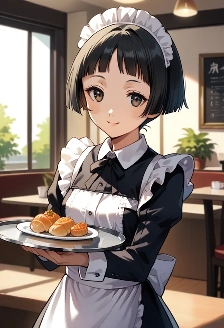 score_9, score_8_up, score_7_up, (source_anime), 1 girl, solo, cute face,
p4ayane, short hair, blunt bangs, black hair,
maid uniform, holding tray, small breasts,
cafe, smiling,
masterpiece, best quality, ultra detailed, absurdres, very aesthetic
