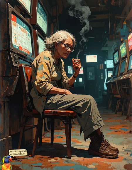 An elderly caucasian woman sits slouched facing the bright screen of an automated poker machine, her thin shoulders hunched forward. The machine's screen is not visible but it's the glow of its cheap flickering lights illuminate the old woman's face unflatteringly. Thick glasses magnify her tired eyes, distorting them behind smudged lenses. Her gray hair is disheveled, falling in uneven strands, and deep wrinkles map her worn face. She holds a cigarette with an orange filter between her fingers, its ash hanging precariously, while the other hand rests limply on the machine’s buttons. Her faded floral blouse and fraying cardigan hang loosely on her frail frame, paired with wrinkled trousers and scuffed shoes. The setting is bleak, with a stained, gaudy carpet beneath her chair and walls lined with TVs broadcasting horse racing. These details dissolve into abstract watercolor-like strokes at the edges, muted browns and grays bleeding into a hollow, endless void. The scene captures a raw, unflattering moment—a portrait of quiet despair as the glow of the machine and the haze of smoke form a lifeless, solitary vignette.