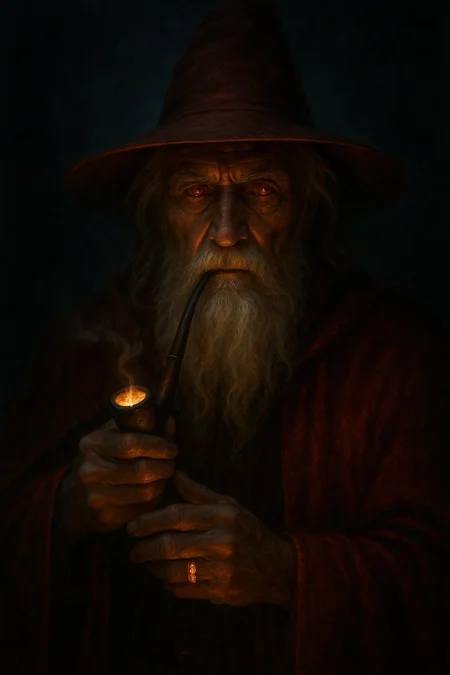 ultra realistic portrait depicting an elderly wizard man with a long, flowing white beard and mustache, set against a dark, ominous background. He has a weathered, deeply lined face with a stern expression, and his eyes are a piercing red, adding to the eerie atmosphere. The man is dressed in a red, heavy cloak that glows like embers, and he wears a red wide-brimmed hat that casts a shadow over his face. There's also a fiery ring on his finger.

The focal point of the image is the man's hands, which are holding a glowing smoke pipe that emits a soft, flickering light. The smoke pipe is casting a warm glow on the man's face and hands, contrasting sharply with the dark surroundings. 

The background is a swirling mix of dark blues and blacks, creating a sense of depth and mystery. The lighting is low, with the smoke pipe providing the only significant source of illumination, creating dramatic shadows and highlighting the textures of the man's beard and hat. 

The image is highly detailed, with a realistic style, and the use of light and shadow adds a three-dimensional quality. The camera angle is slightly above eye level, looking down at the man, emphasizing his commanding presence.
