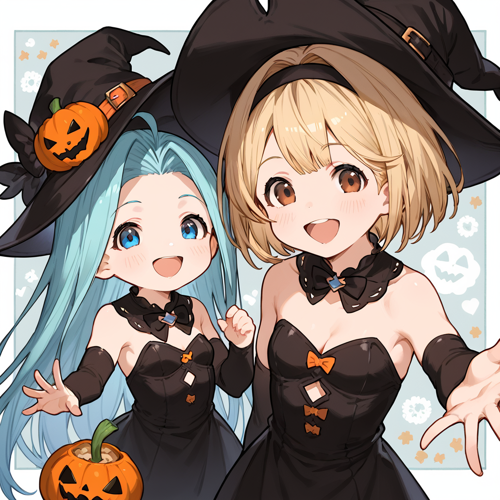 score_9, score_8_up, score_7_up,score_6_up, source_anime, best quality, aesthetic, absurdres, masterpiece, chibi, vector graphics,
2girls, yuri, side-by-side, (happy smile:1.1), excited, halloween, (halloween costume, happy halloween, official alternate costume:1), looking at viewer, reaching towards viewer, 
BREAK
lyria \(granblue fantasy\), (very long hair:0.8), blue hair, blue eyes, (small breasts:1.1), skinny, body_slim,
BREAK
djeeta \(granblue fantasy\), (short hair, blonde hair:1.1), (medium breasts:0.8), cleavage, brown eyes,
BREAK
<lora:JitaRuri-PonyV6:1> jitaruri, clear eyes,