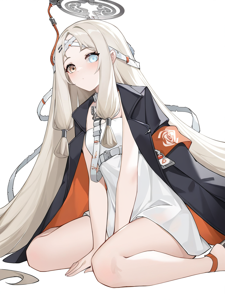 ,1girl,hengsha,heterochromia,looking at viewer,solo,(simple background:1.3),(white background:1.2),cowboy_shot,looking_at_viewer,standing,wariza,<lora:hengsha-000012:0.7>, masterpiece, best quality, very aesthetic, absurdres