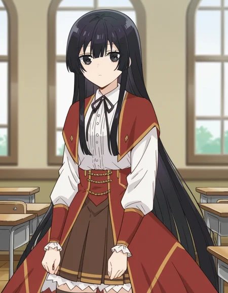 score_9, score_8_up, score_7_up, source_anime, <lora:yumiella-dolkness-s1-ponyxl-lora-nochekaiser:1> yumiella dolkness, long hair, bangs, black hair, very long hair, black eyes, hime cut, skirt, shirt, thighhighs, long sleeves, ribbon, white shirt, pleated skirt, frills, collared shirt, zettai ryouiki, black ribbon, neck ribbon, red skirt, frilled skirt, brown skirt,, indoors, classroom, looking at viewer, solo,, cowboy shot