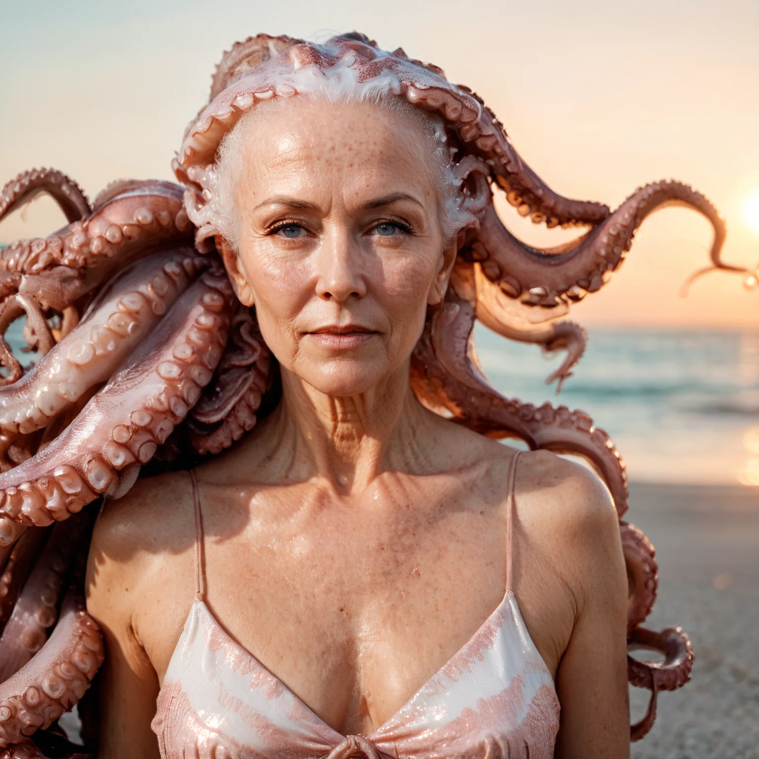 RAW photo, exterior photo, full body shot from the front of a beautiful 70 year old woman as medusa, bald hair, wrinkled face, pink summer dress ((made of octopus and squid tentacles)), she stands at a beach in golden hour, full sharp, detailed face, visible feet, blue eyes, (high detailed skin:1.2), 8k uhd, dslr, soft lighting, high quality, film grain, Fujifilm XT <lora:polyhedron_tentacles-000005:1>
focus on eyes, spotted light on her face, face towards sun, light on face, sun on face, backlit, rim light, focus on eyes, clear eyes, shiny eyes, glittering eyes, light reflections in his eyes, winter white skin, pale skin, dry skin, clear skin, oiled shiny skin, blush, flushed cheeks, visible skin detail, skin pores, imperfect skin, skin blemish, few freckles, skin fuzz, beauty spot, moles <lora:polyhedron_all_sdxl-000004:0.1>
((background is an old fisher town))