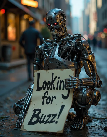 <lora:T800:0.80> A close up of T800 begging on the streets holding a written sign saying "Looking for Buzz!", beautiful lighting, great composition