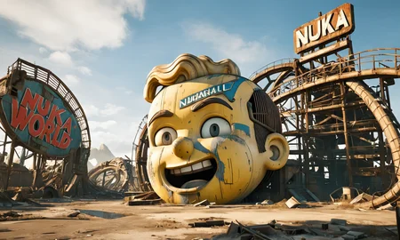 a gigantic vault-boy head structure lying in ruined theme park, theme park sign, Text" Nuka World", best quality,  landscape, nature, masterpiece, intricate, highly detailed,  cinematic lights, <lora:abslandsdxl:0.9>, abslandsdxl,