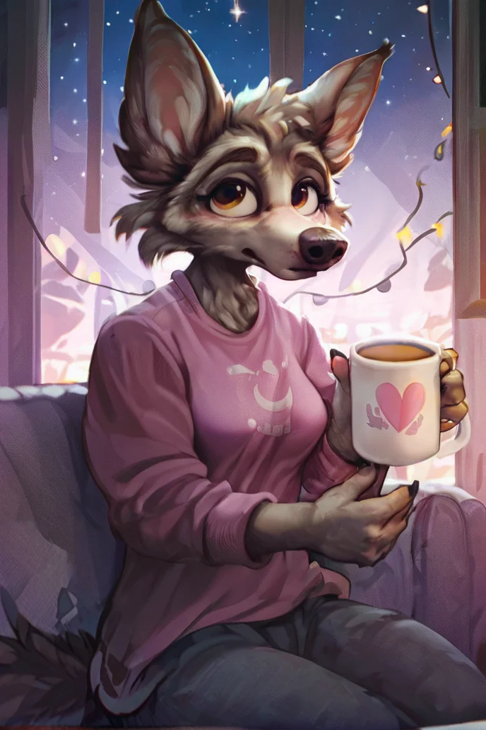 source_furry, furry female light brown wolf, wearing a pink shirt with a heart on it ,hot coffee mug in hand, backyard, sofa, fairy lights, moon, stars, cozy <lora:Furry Style Pony Edition :1.0> , tail, fluffy,, score_9, score_8_up, score_7_up,