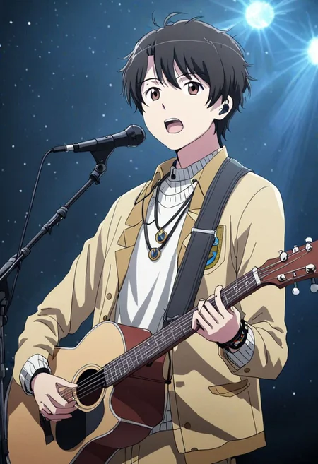 high resolution, solo, best quality, 1Boy, Inaho Kaizuka, Black Hair, Brown Eyes, singing, potrait, dept of field, virtual concert, playing musical instrument, necklace, bracelet, sneakers, OverallDetail