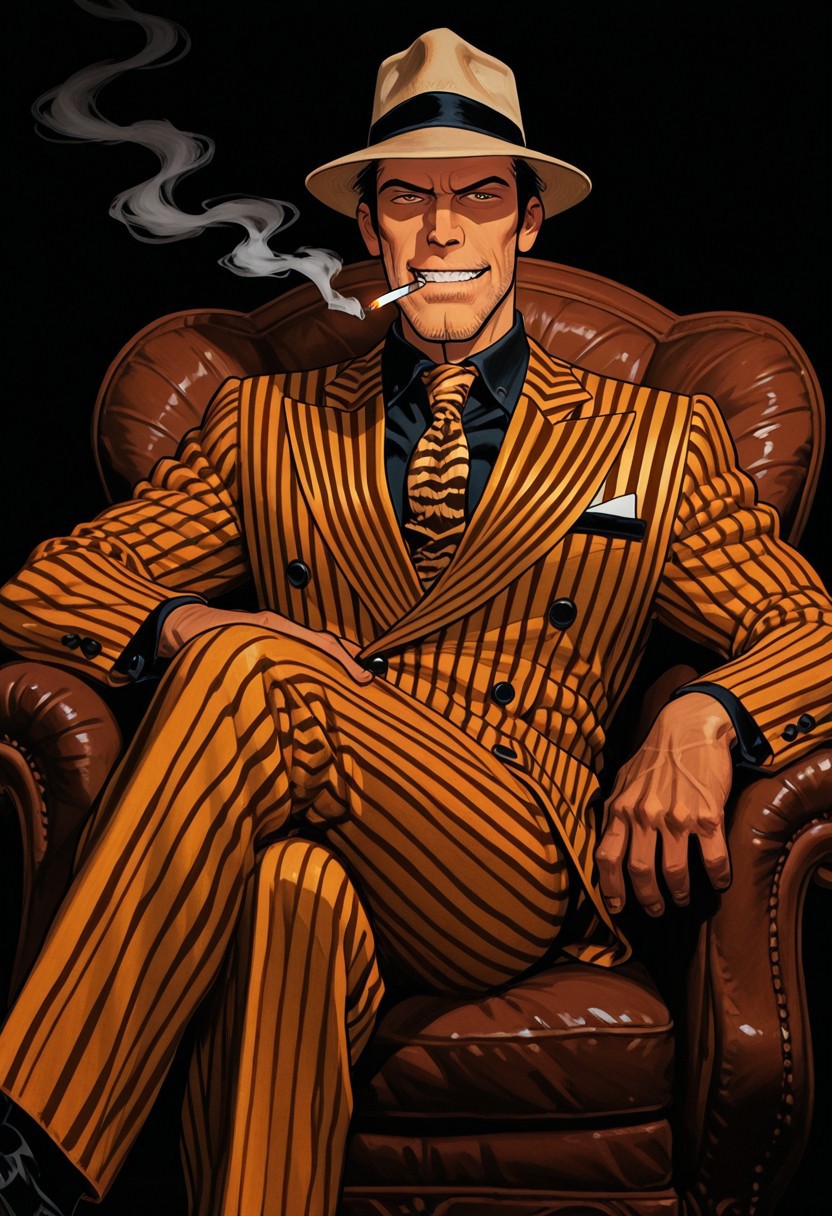1man,stubble, dark hair,smoking, thousand stripes suit, fedora, sitting in an armchair with his legs crossed, looking at viewer, malicious smile