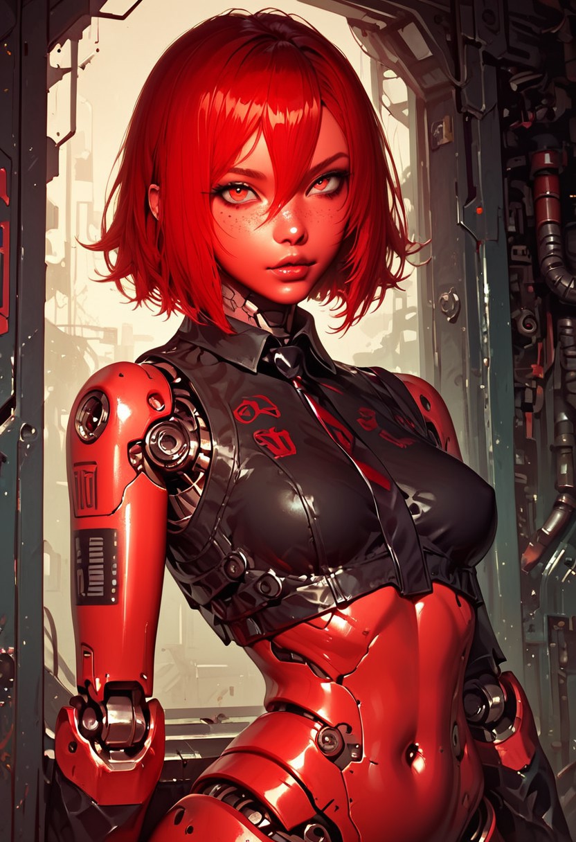 score_9, score_8_up, score_7_up, high detailed, high quality, masterpiece, no text, quality highlights, 8k detail, ultra-detailed, detailed face, 
...
1girl, cute girl, ginger short hair, (cyborg, robot joints, humanoid robot,red body:1.4),  petite, slender body, wide hips, slim fit, freckles, breasts, hair between eyes,seductive pose,  red eyes,
... 
indoor background, 
cowboy shot,