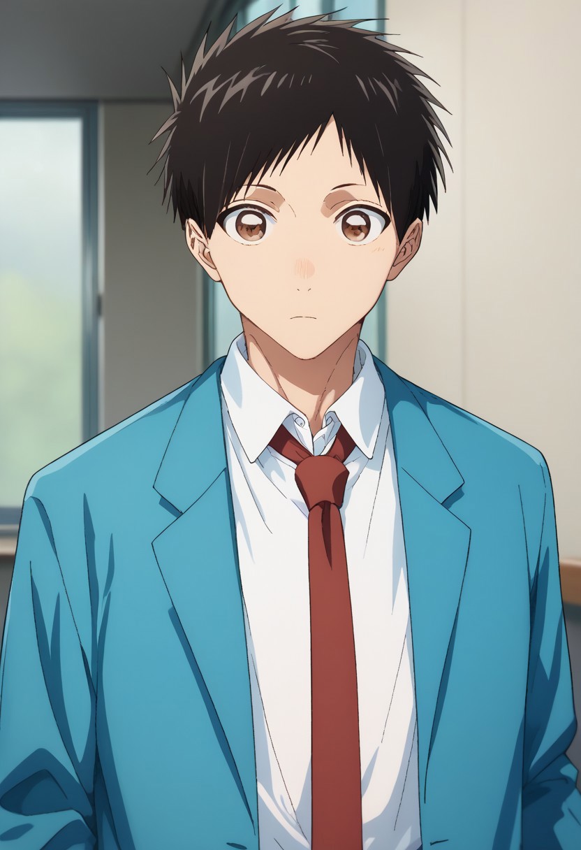 score_9, score_7_up, source_anime, 
taiki, 1boy, male focus, solo, brown eyes, black hair, short hair, school uniform, shirt, white shirt, collared shirt, necktie, red necktie, jacket, blazer, blue jacket, long sleeves, 
indoor,