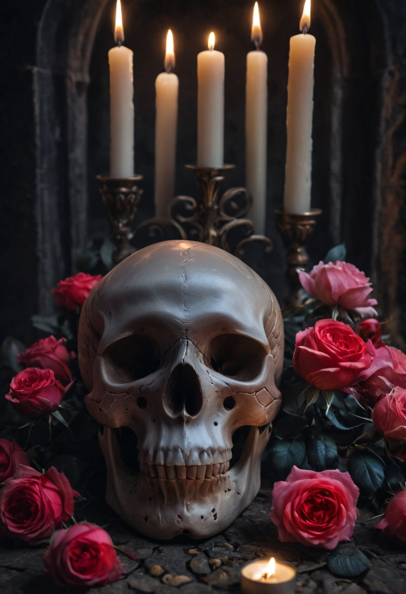 A 85mm EOS Canon photo shot of a skull surrounded by roses and candles, mobe-godeen <lora:GothicDetailEnhancerV1:1.25>,