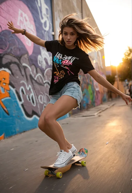 A dynamic photo of a young woman skateboarding through an urban street at sunset. She is performing a trick mid-air, with her skateboard tilted and her hair flowing behind her. The street is lined with graffiti-covered walls, and a few onlookers are blurred in the background, adding depth to the scene. She is dressed in a casual outfit: a graphic t-shirt, short shorts, and sneakers. The lighting is warm and golden, casting long shadows and enhancing the vibrant colors. Energetic, motion blur, wide-angle shot, cinematic lighting
