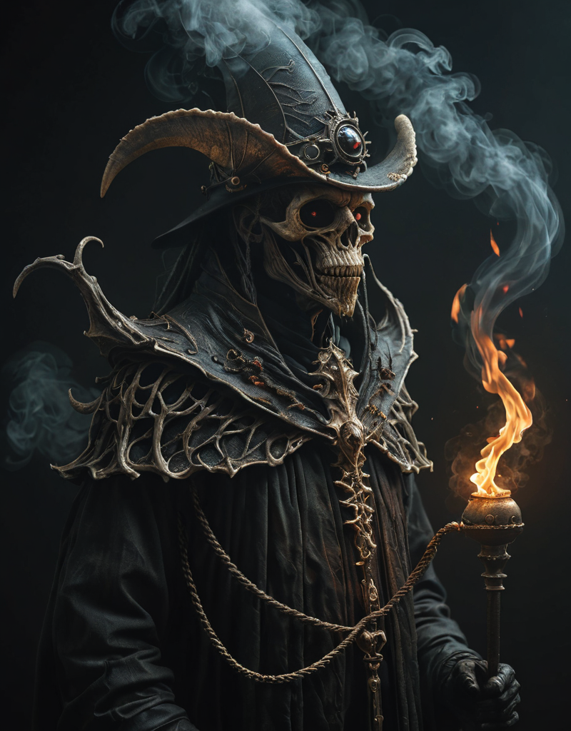 Deformed creature portrait, bishop with mitral hat, fire rod, dark character, ,ostrous, Peter Mohrbacher, Agostino Arrivabene, HR Giger, dark environment, fog, smoke, black background, horror, hyperrealistic, 4K<lora:more_details:1> <lora:epi_noiseoffset2:1>