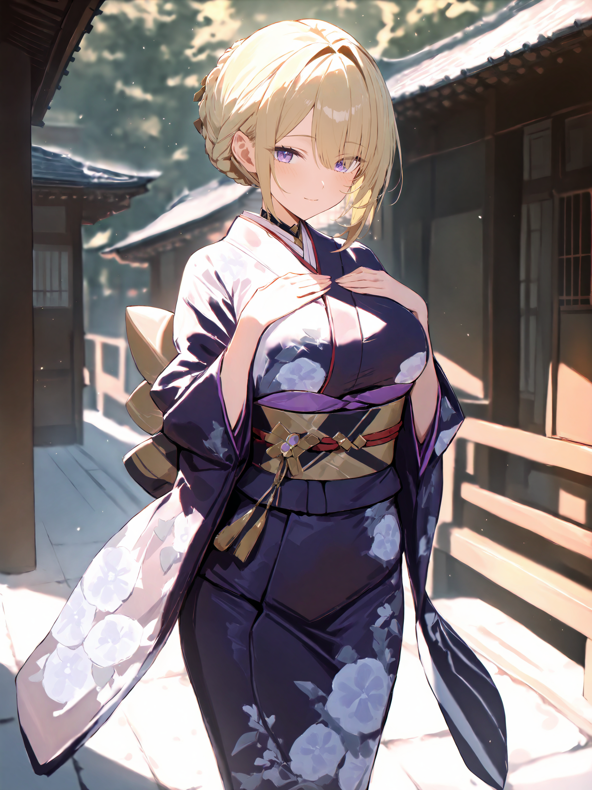 masterpiece, high score, great score, absurdres, blonde hair, purple eyes, <lora:Char-ZZZ-Evelyn-V1-XL:1:hr=0.6>, 1girl, solo, evelyn chevalier, braided bun, hair up, kimono, obi, sash, tabi, standing, cowboy shot, hands on own chest, light smile, east asian architecture, outdoors, blurry background, masterpiece