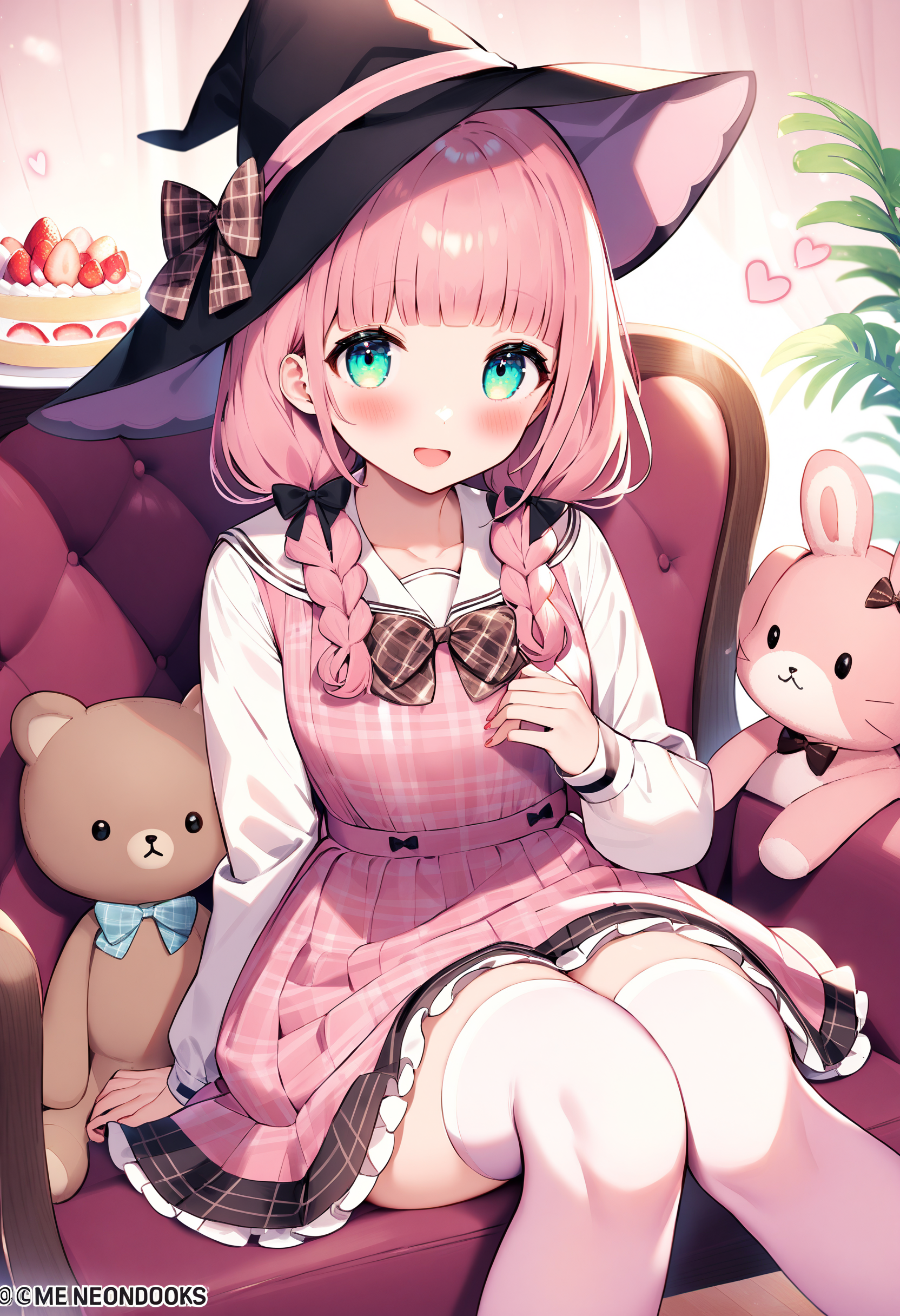 <lora:Animagine_Style5726786029:0.8>, 1girl, solo, long hair, looking at viewer, blush, smile, open mouth, blue eyes, shirt, skirt, long sleeves, dress, thighhighs, hat, bow, ribbon, sitting, twintails, green eyes, tareme, school uniform, collarbone, white shirt, pink hair, braid, hair ribbon, flower, heart, :d, hair bow, frills, sleeveless, collared shirt, indoors, bowtie, blunt bangs, sailor collar, white thighhighs, red bow, twin braids, red ribbon, aqua eyes, zettai ryouiki, black headwear, plaid, sleeveless dress, feet out of frame, black bow, black ribbon, watermark, witch hat, low twintails, chair, plaid skirt, stuffed toy, frilled dress, frilled skirt, stuffed animal, pink bow, pink dress, couch, hair over shoulder, white sailor collar, black bowtie, sailor dress, teddy bear, strawberry, pinafore dress, brown dress, pleated dress, stuffed rabbit, on chair, pink theme, pink thighhighs, plaid bow, brown bow, cake slice, plaid dress, pink apron, stuffed cat, frilled sailor collar, best quality