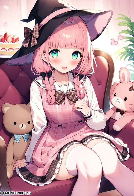 <lora:Animagine_Style5726786029:0.8>, 1girl, solo, long hair, looking at viewer, blush, smile, open mouth, blue eyes, shirt, skirt, long sleeves, dress, thighhighs, hat, bow, ribbon, sitting, twintails, green eyes, tareme, school uniform, collarbone, white shirt, pink hair, braid, hair ribbon, flower, heart, :d, hair bow, frills, sleeveless, collared shirt, indoors, bowtie, blunt bangs, sailor collar, white thighhighs, red bow, twin braids, red ribbon, aqua eyes, zettai ryouiki, black headwear, plaid, sleeveless dress, feet out of frame, black bow, black ribbon, watermark, witch hat, low twintails, chair, plaid skirt, stuffed toy, frilled dress, frilled skirt, stuffed animal, pink bow, pink dress, couch, hair over shoulder, white sailor collar, black bowtie, sailor dress, teddy bear, strawberry, pinafore dress, brown dress, pleated dress, stuffed rabbit, on chair, pink theme, pink thighhighs, plaid bow, brown bow, cake slice, plaid dress, pink apron, stuffed cat, frilled sailor collar, best quality