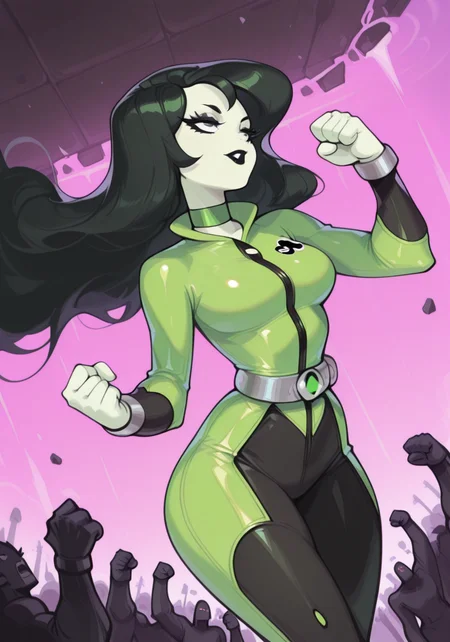 1girl, shego, bodysuit, black lipstick, cowboy shot, action pose, fighting, fists, wind, BREAK character_concept, cowboy_shot, (dutch_angle:1.25), masterpiece, best quality, amazing quality, very aesthetic, absurdres, modern, recent, newest, <lora:Doodledee_IL_Style_epoch_12:1> D00d13d33, cartoon, toon