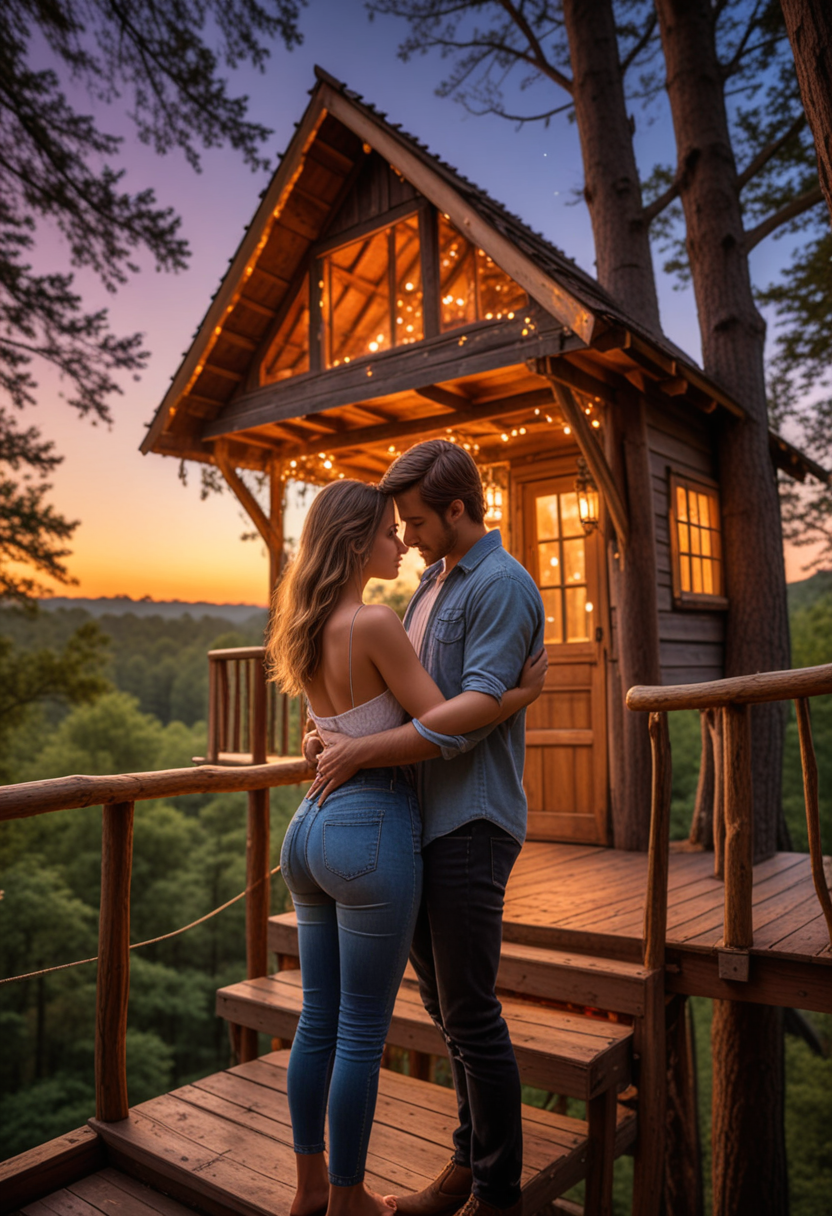 HDR photo, (medium shot , back view) of two lovers touching tenderly, detailed face, located in a romantic scene at a beautiful treehouse in the woods during twilight with starry weather, illuminated by golden sunset, creating a passionate atmosphere, Masterpiece,best quality, photo, realistic, very aesthetic,