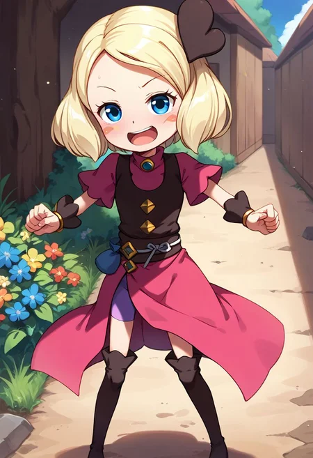 score_9, score_8_up, score_7_up, best quality, uncensored, source_anime, BREAK
1girl, sw-mayone, blond hair, short hair, heart hair ornament, blure eyes, blush stickers, pink dress, brown vest, sw-mayone outfit, purple bike shorts, brown thigh boots,
downblouse, paw pose, joyful, outdoors, 
<lora:sdxl_lightning_8step_lora:1> <lora:sw-mayone_XL(pony):1>