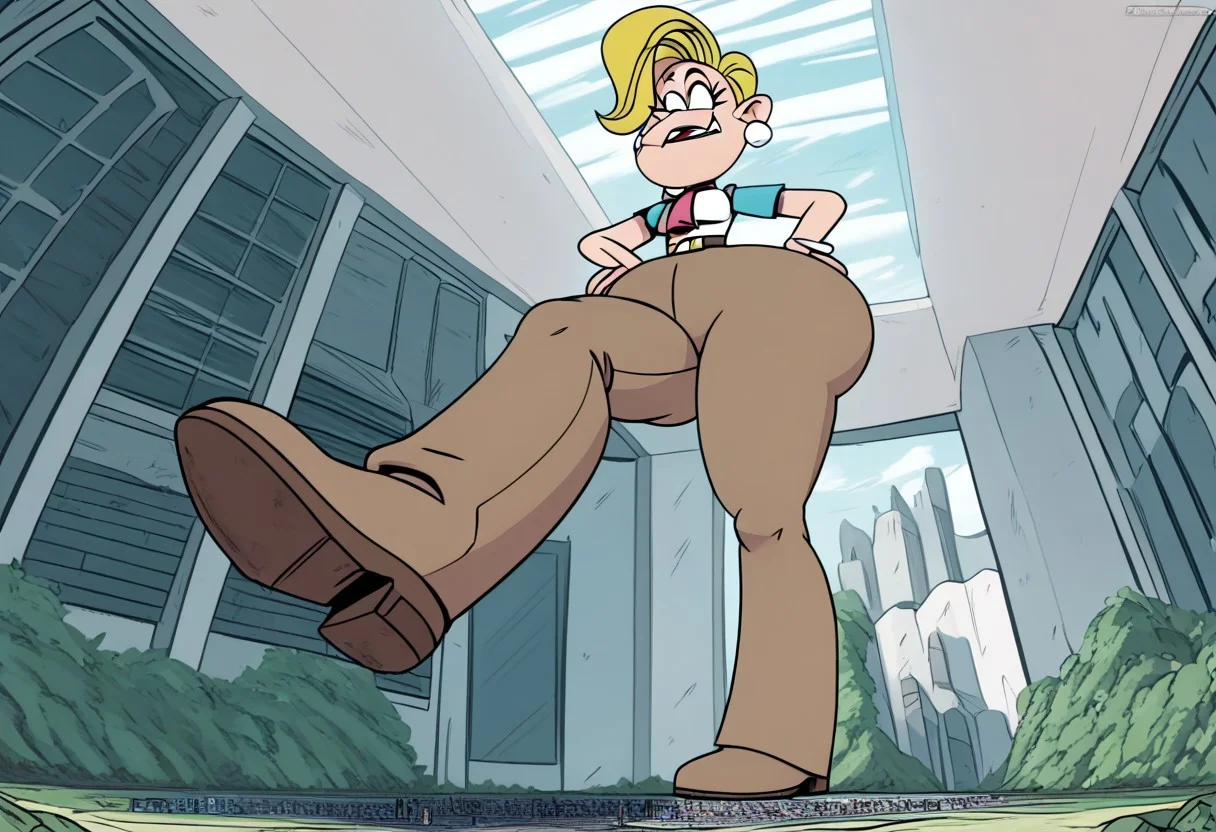 score_9, score_8_up, score_7_up, 1girl, Jancey, blonde hair, short hair, black eyes, lipstick, earrings, narrow waist, brown pants, belt, boots, solo, big ass, huge ass, wide hips, round ass, wall of ass, hyper hips, hands on hips, bottomheavy, extremehyper, massive thighs, (high quality, high res, 4k, best anatomy:1.9), giantess, facing viewer, under foot pov, hyper hips, from below, city underneath, standing, leg up, foot focus,  indoors background, show accurate.