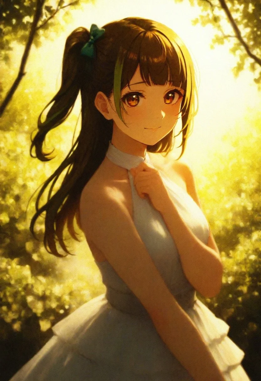 volumetric lighting, ambient occlusion, luminescent background, masterpiece, very awa, plants, flowers,depth of field, leaf, branch, blurry background, day, sunlight, warm light
BREAK
dynamic pose, looking at viewer, depth of field, leaf, branch, blurry background, absurdres, masterpeice, best quality, very aesthetic
BREAK
lovelive_kotori, white dress, gentle smile, grayish brown hair,light hair, green hair bow, bangs, one side up, long hair, brown eyes, frilly dress, halter top