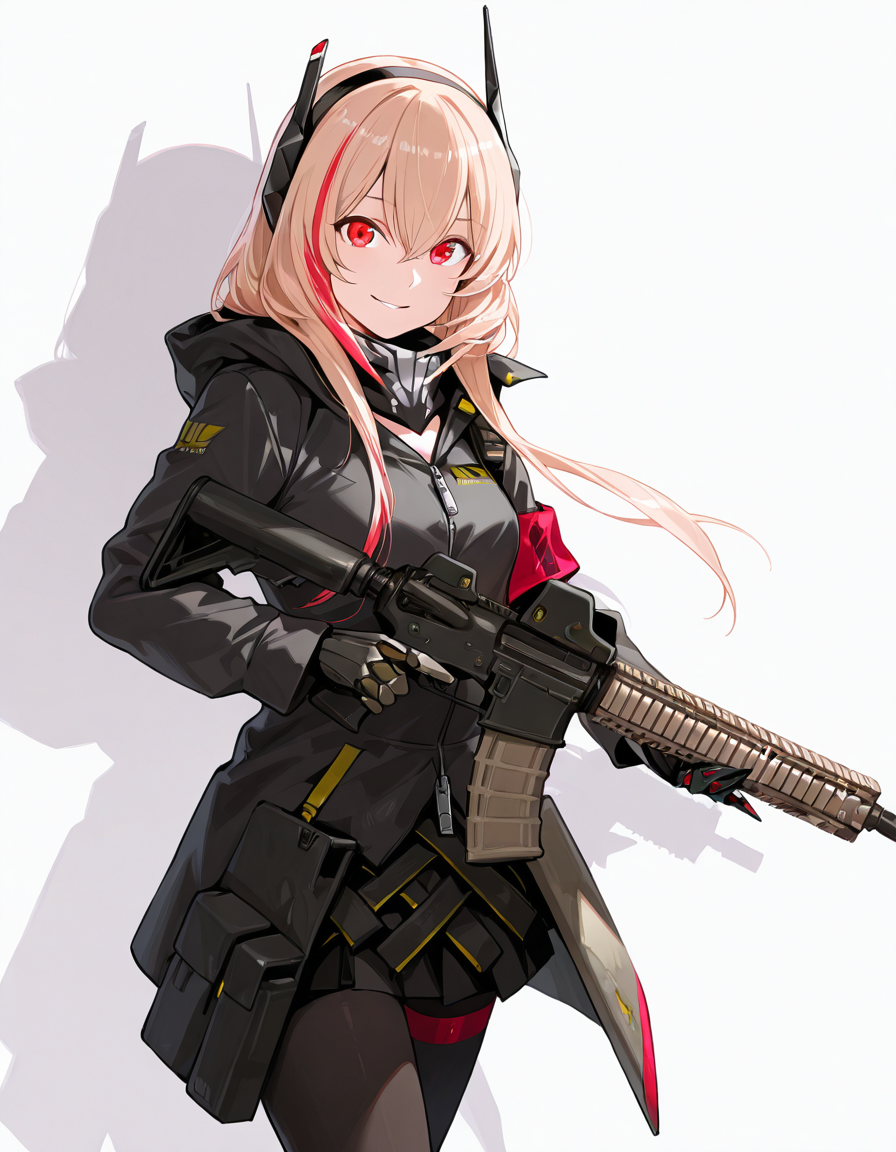 Volumetric Lighting, (masterpiece), (best quality), (ultra-detailed), masterpiece, source_anime, score_9, score_8_up, score_7_up BREAK, illustration, disheveled hair, detailed eyes, perfect composition, moist skin, intricate details, detailed eyes, detailed face, detailed fingers BREAK, long hair, blonde hair, pink hair, streaked hair, red hair, red eyes, hair between eyes, left mechanical arms, single mechanical arm BREAK, M4sopmod2def, def_jacket, def_headgear, def_single_armband, def_skirt, def_single_glove, def_pantyhose BREAK, ((white background)), 1girl, solo, long hair, looking at viewer, smile,weapon,holding weapon, gun, holding gun, rifle, assault rifle, m4 carbine,standing,shadow