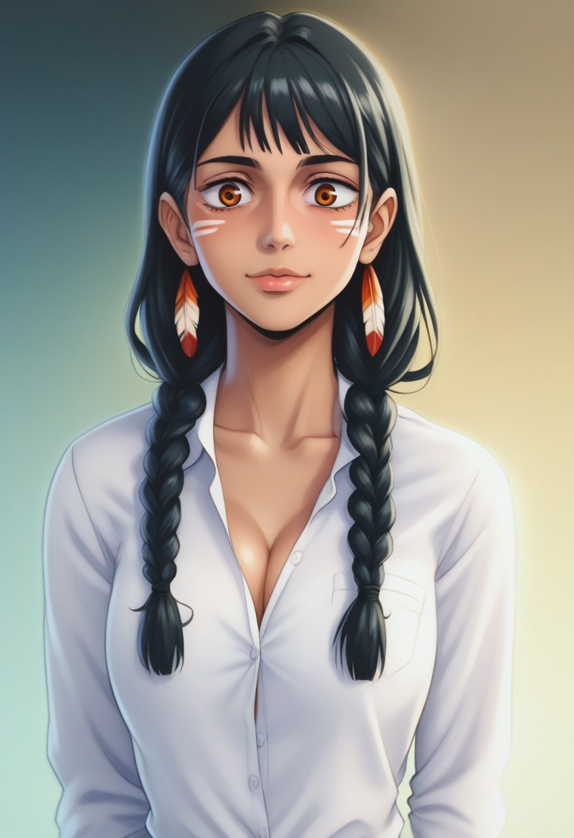 score_9, score_8_up, score_7_up, source_anime, intricate details, anime screencap, perfect balance, official art, extremely detailed CG unity 8k wallpaper, perfect lighting, Colorful, Warm_Front_face_Lighting, (masterpiece:1.0),(best_quality:1.0), ultra high res,4K,ultra-detailed, photography, 8K, HDR, highres, absurdres:1.2, Kodak portra 400, blurry background, bokeh, lens flare, (Anime) (vibrant_color:1.2), professional photograph, night, (cute_face:1.2), 2d, anime, upper body, intricate iris, American, Professional character design, 1girl, female focus, (Orange eyes), perfect eyes, (black-hair), Native American, Indigenous, American Indian, youthful, solo, jujutsu_kaisen_style, character portrait, (perfect-lighting), face, young, (Dark-black-hair), Long hair, (Native American), Indigenous, American Indian, (((wild eyes))), (Native North American), (Upturned eyes), (high cheekbones), (strong jawline), (Black Hair), ((((Native-American-Eagle-feather-braids, Native American Eagle feather accessories)))), (((wild eyes))) ((Bobbed Bangs)) (((Slanted-Eyes))) (Psycho) (Happy) (Friendly) (Goofy) (White Dress Shirt), (Warpaint), (Redwood Forest, Pacific Northwest Forests), (Inuit), (Tan skin), (Dark Skin), (Brown skin), (bobbed hair), White Eagle-Feather-Earrings, Thick Bangs, Bobbed hair, Bob-cut, White-Feather-Earrings, Brown-skin, Inuit Face-paint, Full-Bangs, Wide-Bangs, Thick-Hair, Native Face-paint, cleavage, (White Dress Shirt), Black Suit Tie