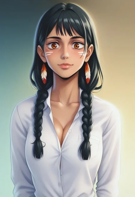 score_9, score_8_up, score_7_up, source_anime, intricate details, anime screencap, perfect balance, official art, extremely detailed CG unity 8k wallpaper, perfect lighting, Colorful, Warm_Front_face_Lighting, (masterpiece:1.0),(best_quality:1.0), ultra high res,4K,ultra-detailed, photography, 8K, HDR, highres, absurdres:1.2, Kodak portra 400, blurry background, bokeh, lens flare, (Anime) (vibrant_color:1.2), professional photograph, night, (cute_face:1.2), 2d, anime, upper body, intricate iris, American, Professional character design, 1girl, female focus, (Orange eyes), perfect eyes, (black-hair), Native American, Indigenous, American Indian, youthful, solo, jujutsu_kaisen_style, character portrait, (perfect-lighting), face, young, (Dark-black-hair), Long hair, (Native American), Indigenous, American Indian, (((wild eyes))), (Native North American), (Upturned eyes), (high cheekbones), (strong jawline), (Black Hair), ((((Native-American-Eagle-feather-braids, Native American Eagle feather accessories)))), (((wild eyes))) ((Bobbed Bangs)) (((Slanted-Eyes))) (Psycho) (Happy) (Friendly) (Goofy) (White Dress Shirt), (Warpaint), (Redwood Forest, Pacific Northwest Forests), (Inuit), (Tan skin), (Dark Skin), (Brown skin), (bobbed hair), White Eagle-Feather-Earrings, Thick Bangs, Bobbed hair, Bob-cut, White-Feather-Earrings, Brown-skin, Inuit Face-paint, Full-Bangs, Wide-Bangs, Thick-Hair, Native Face-paint, cleavage, (White Dress Shirt), Black Suit Tie