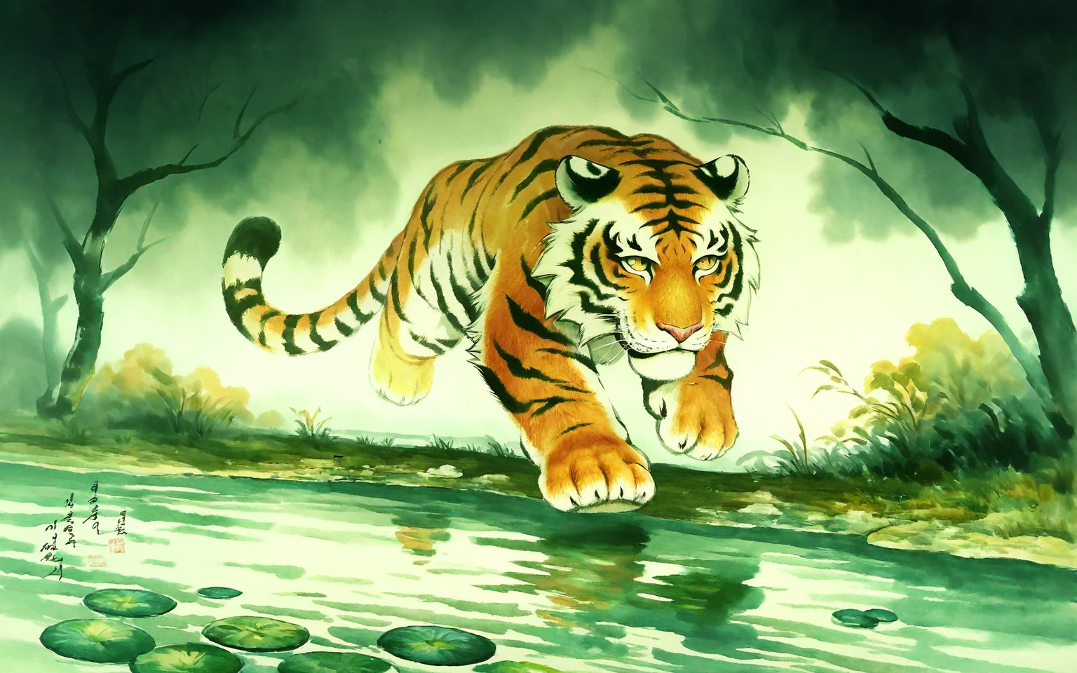 <lora:nk_join_v3:1> in gouache detailed paintings,a storybook illustration,a watercolor painting ,bestkoreaart, a tiger is walking along a river, score_9, score_6_up, score_7_up