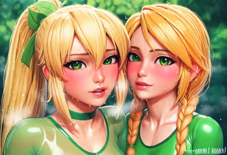 <lora:PixelSketcher:1>, pixelsketcher, - (masterpiece, best quality), 1girl, collarbone, {{Blonde}},{{Blonde hair colour}}, {{long hair}}, {{short twin braids}},{{ponytail hair}},{{green eyes}, blushing, in heat, wet transperent latex, wet look, sweaty, sweat, leafa