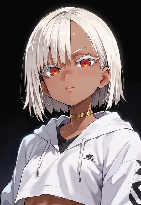 score_9, score_7_up,
source_anime, SkinDetail,
upper body shot, straight on,
1girl, dark skin, solo,
standing,
small breasts,
white hair, wolf cut, red eyes, white eyelashes,
gold choker, white crop hoodie, black leotard, black fingerless gloves,
black background