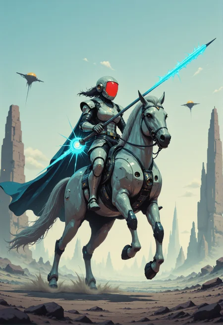 <lora:ck-chromatic-crusade_r1-000011:0.8>, in the style of ckcc, A cybernetic 1girl templar in sleek white-and-gold armor rides a hovering warhorse across a misty battlefield, gripping an energy lance that crackles with blue electricity. The templar’s mechanical gauntlet tightens on the reins as the horse gallops through the air, its metal hooves emitting soft thrusters. The templar’s glowing red visor scans the horizon, searching for enemies. In the distance, ancient stone ruins are merged with massive futuristic structures, illuminated by floating lantern drones. The templar’s cape flows behind them, catching the wind.