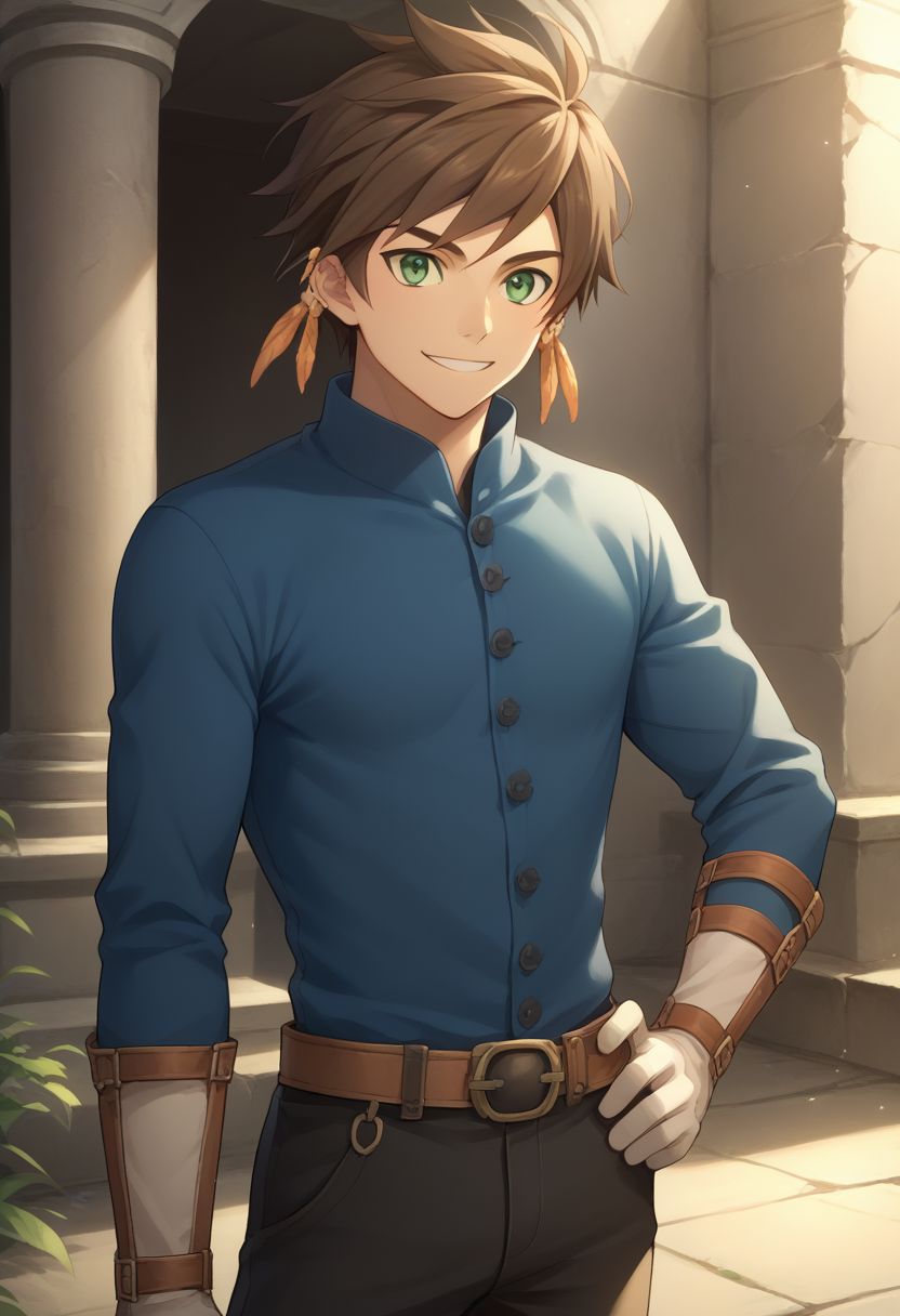 score_9, score_8_up, source_anime, highly detailed, 1boy, solo, male_focus, slender, skinny, upper body,
sorey, solo, brown hair, male focus, smile, 1boy, feathers,  gloves, hand on hip, pants, boots, feather earrings, green eyes, shirt, blue shirt,
outdoor, ruins