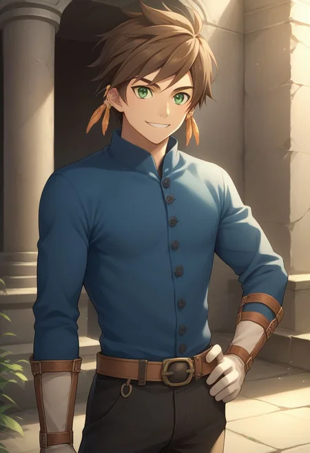score_9, score_8_up, source_anime, highly detailed, 1boy, solo, male_focus, slender, skinny, upper body,
sorey, solo, brown hair, male focus, smile, 1boy, feathers, gloves, hand on hip, pants, boots, feather earrings, green eyes, shirt, blue shirt,
outdoor, ruins