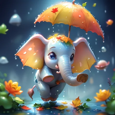 core_9, score_8_up, score_7_up, score_6_up, <lora:ArsMJStyle_-_Cute:1> ArsMJStyle, Cute, Elephant and mouse best friends sharing an umbrella in the rain. Puddles with reflections, colorful rainboots, falling leaves. Soft watercolor style, simple background, focus on character expressions.