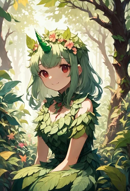 score_9, score_8_up, score_7_up, score_6_up,source_anime,WORLD MORPH LEAVES,PLANT GIRL,human,unicorn horn,green horn,cute ,pupilless, light green hair, red eyes,light smile, medium chest, sit, looking at viewer,detailed background,outdoor,forest,