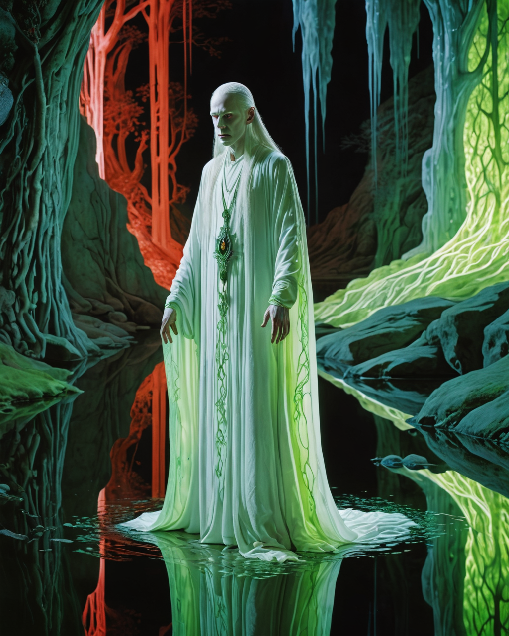 Saruman, albino, water, reflections, transparency, full body, detailed face, paradoxical, vibrant intense color, neon, glowing light, The Valley of the Lost, Kay Nielsen, neon, green, crimson, realistic photo, <lora:add-detail-xl:1>, <lora:xl_more_art-full_v1:0.8>
