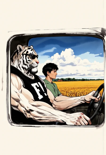 An image in style of ink wash painting, featuring portrait of a muscular 40-year-old (white tiger furry:1.2) with robust build, broad shoulders, thick arms, large pectorals, rugged beard and thick mustache, sitting in the driver's seat of a car, wearing ((dark sunglasses)) and a black vest with bold white "F!" text. The composition is captured from outside the driver's side window at a dutch angle, (side view:1.2) focusing primarily on the tiger. Beside him in the passenger seat, a slender 20-year-old young man with black short hair wearing a green short-sleeve shirt reclines with his head tilted back, gazing thoughtfully out the window. Through the car windows stretches a (vast golden wheat field) under an autumn (blue sky with scattered clouds). The ink wash technique creates a striking contrast between the detailed characters inside the vehicle and the serene landscape outside. <lora:Shuimozhuangshi_Ink_wash_painting_style_v2.7:1>
