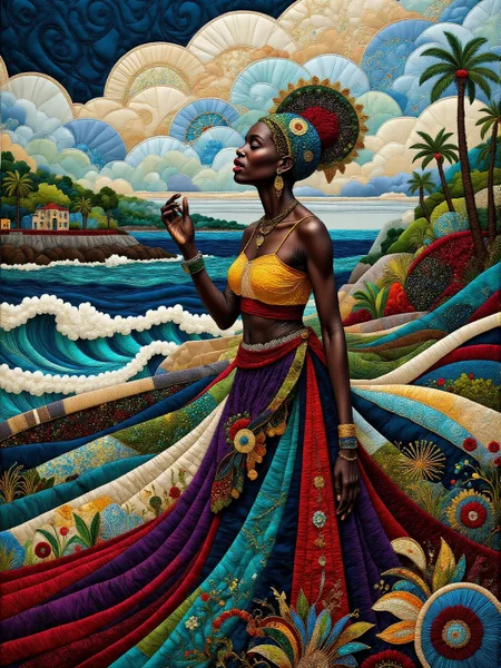Kenyan elderly female siren singing on a rocky stormy seashore <lora:midjourney_whisper_chromaplex_v1:0.9> <lora:Embroidered_Quilting_Flux:0.9>