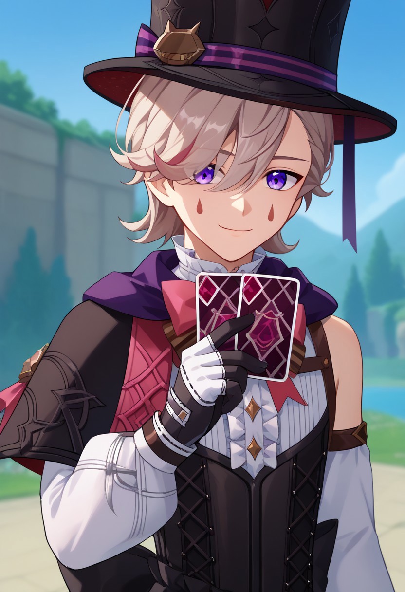 score_9, score_7_up, source_anime 
lyney, 1boy, male focus, solo, purple eyes, blonde hair, short hair, braid, hair over one eye, teardrop facial mark, ouji fashion, hat, top hat, black headwear, capelet, bow, pink bow, shirt, white shirt, frills, center frills, corset, detached sleeves, long sleeves, puffy long sleeves, puffy sleeves, gloves, black gloves, smile, card, hold, holding card,
outdoor,