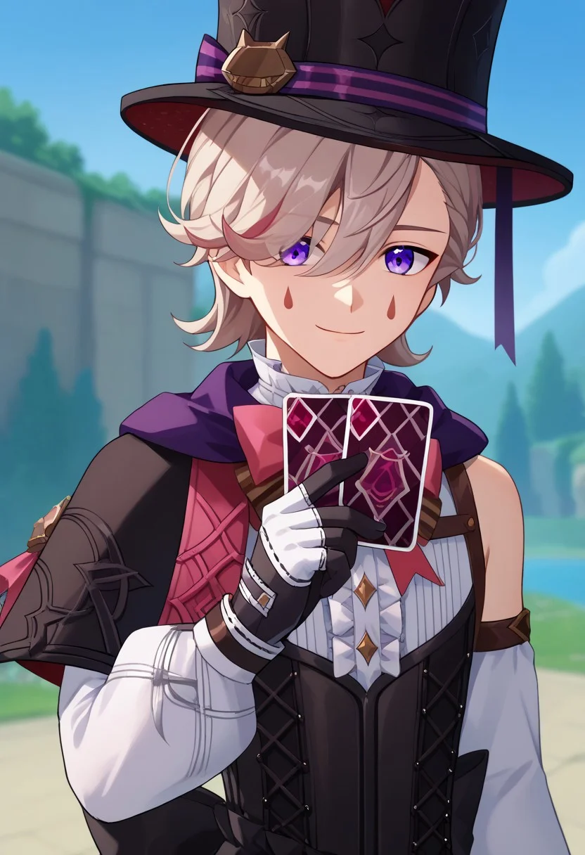 score_9, score_7_up, source_anime
lyney, 1boy, male focus, solo, purple eyes, blonde hair, short hair, braid, hair over one eye, teardrop facial mark, ouji fashion, hat, top hat, black headwear, capelet, bow, pink bow, shirt, white shirt, frills, center frills, corset, detached sleeves, long sleeves, puffy long sleeves, puffy sleeves, gloves, black gloves, smile, card, hold, holding card,
outdoor,
