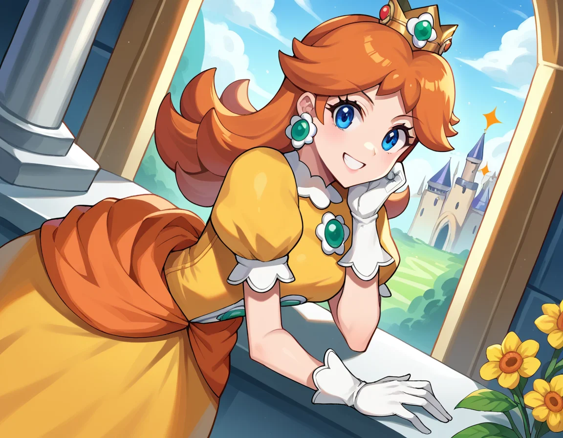score_9, score_8_up, score_7_up, source_anime,
princessdaisy, <lora:princess-daisy-ponyxl-lora-nochekaiser:1>,
princess daisy, blue eyes, long hair, orange hair,
crown, daisy, dress, flower, gem, gloves, orange dress, puffy short sleeves, puffy sleeves, short sleeves, white gloves,
indoors, castle, bent over, smile,
looking at viewer, cowboy shot, dutch angle,